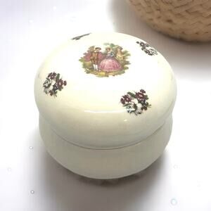 Vintage Round Porcelain Trinket Jewelry Box Fragonard Love Scene Floral Motifs